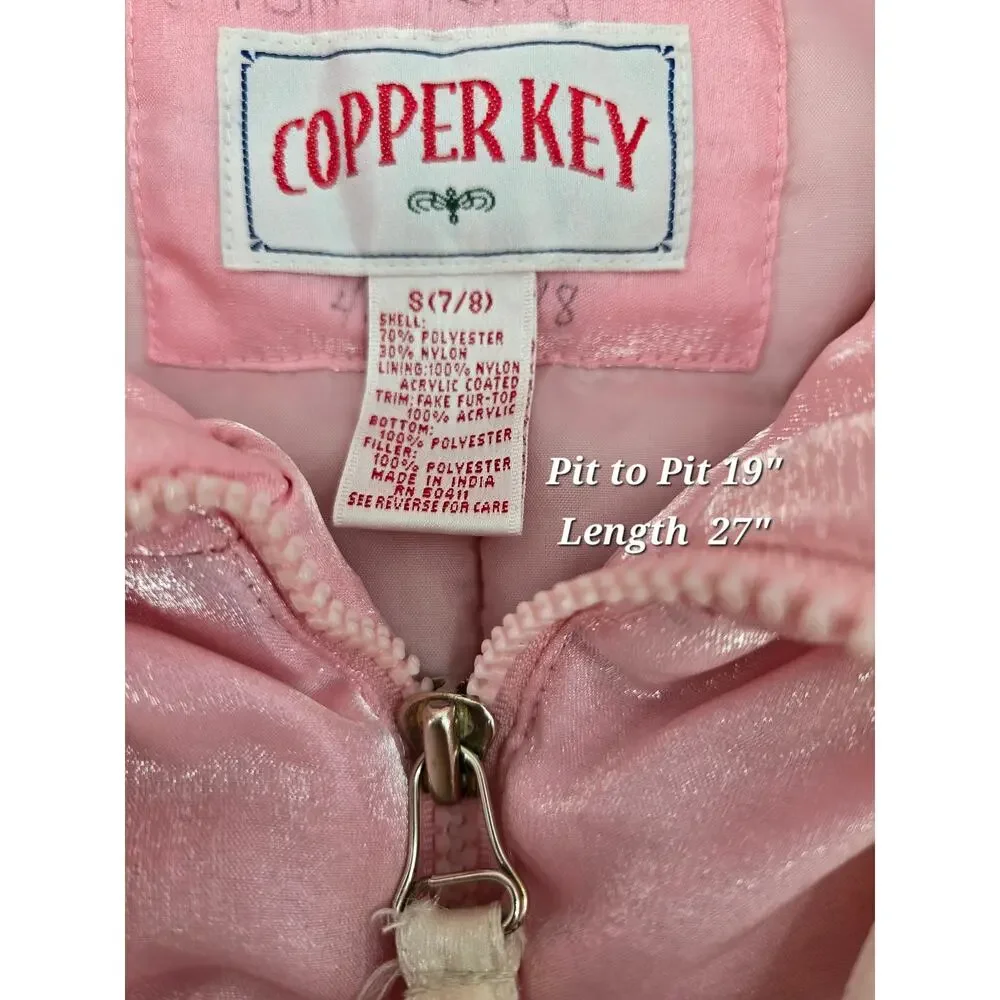 Vintage Y2K Copper Key Retro Cabincore Pink Shimmer Jacket with Faux‎ Fur Hood